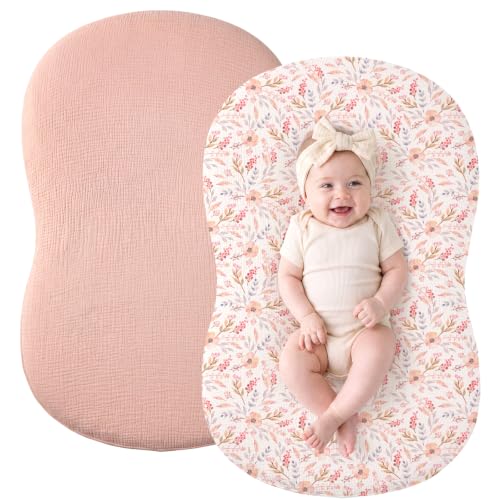 Image of Termichy Muslin Baby Lounger Covers: 30x20 Fitted for Snuggle Me Lounger | Soft Boho Floral Baby Nest Slipcover - Breathable Newborn Nursery Decor - Removable & Machine Washable for Spit-up & Drool