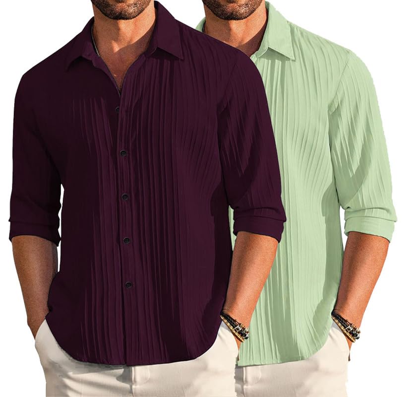 Image of DEELMO Combo of Men's Casual Button Down Shirts Long Sleeve Linen Shirt Fashion Textured Summer Shirts Pack of 2