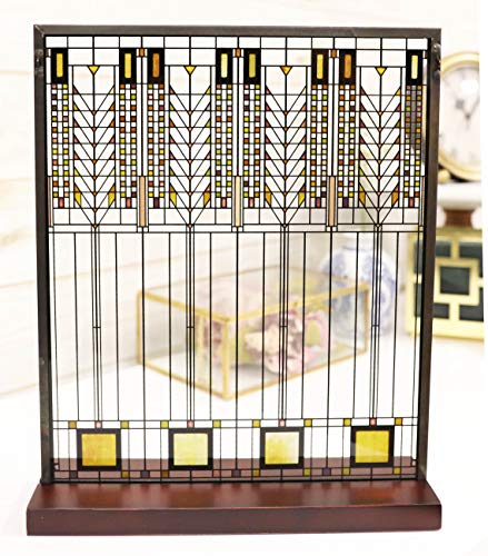 Ebros Frank Lloyd Wright Tree of Life Stained Glass Art with Metal Frame and Wooden Base Stand Desktop Plaque Decor Martin House Stairway Landing Architectural Home or Office Decorative Accent