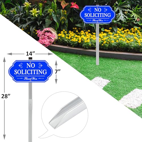 Image of Heavy Duty No Soliciting Sign for House - All Metal Construction No Soliciting Yard Sign - 14 inch x 7 inch - Aluminum - with 28 inch Long Stake (Blue)