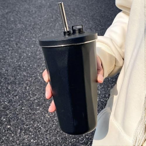 5JJJLOOOPP Botella de agua deportiva de 600 ml, taza de agua con pajilla con tapa, aislada al vacío, taza plana portátil de moda para calor/frío, taza térmica de acero inoxidable (blanco) (negro)