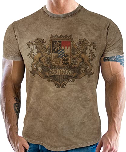 Herren Trachten T-Shirt für Bayern Fans im Used Vintage Retro Look - Königliches Bayernwappen - Vorgewaschen, Bitte eine Nummer größer bestellen