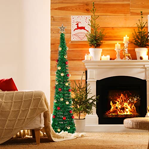 5 Ft Collapsible Pop Up Tinsel Christmas Tree, Green Artificial Pencil Xmas Tree With Christmas Balls For Apartments, Dorm Rooms, Fireplace, Holiday Party Decoration #TOP1