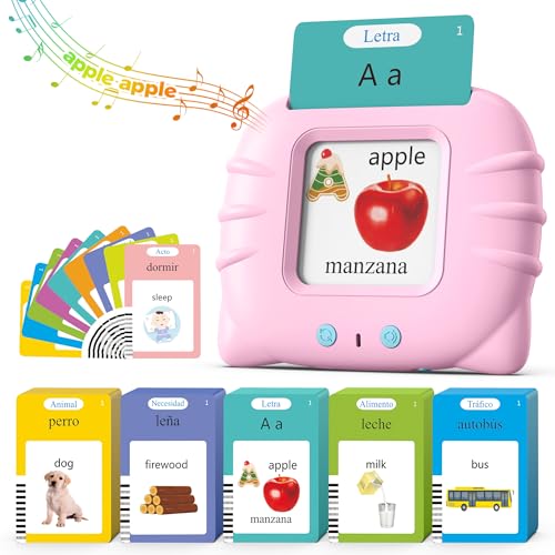 Image of Bilingual Pink Spanish and English Talking Flash Cards, Pocket Speech Therapy Toys with 512 Words, Montessori Language Learning Toys, Autism Toys, Children's Sensory Learning, Birthday Toys