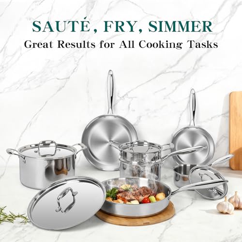 EWFEN Pots and Pans Set, 3 Ply 11 Piece Stainless Steel Cookware Set, Oven Dishwasher Safe | Induction Compatible Frying Pans, Saucepans, Saute Pan & Stock Pot, PFOA Free Kitchen Skillet - Thumbnail 6