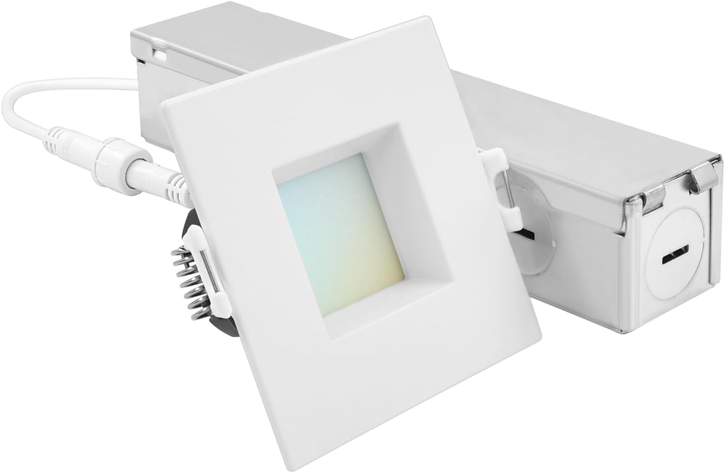 LUXRITE 2 Inch Square LED Recessed Light and its accompanying J-Box.