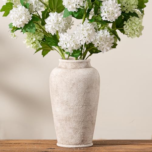 Ceramic Large Flower Vase, 11 Inch Tall White Rustic Vase