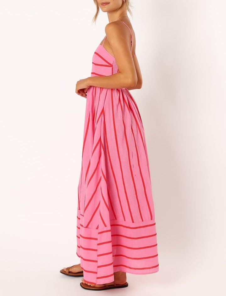 Image of KMBANGI Women Striped Sleeveless Maxi Dress Swing Patchwork Midi Dress Smocked Spaghetti Strap Colorful Long Sundress