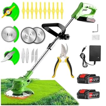 Decespugliatore, Decespugliatore a Batteria,Tagliabordi a Batteria, con 3 Tipi di Lame, Maniglia a scomparsa e rotazione della testa di 90°,Adatto per prati, giardini e campi