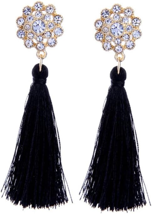 Tengkou Silk Fringe Thread Black Tassel Earrings Bohemia Flower Rhinestone Dangle Earrings for Women