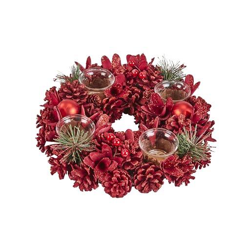 Smart Garden Portavelas de pino, diseño de cuarteto de piñas rojas y bayas, 33 cm, portavelas de Navidad, decoración de mesa de Navidad, decoración festiva de Navidad