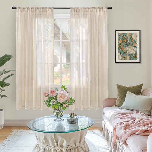 Image of BGment Natural Linen Curtains 63 Inches Long for Bedroom Windows, Sheer Drapes Lightweight Rustic Country Textured for Farmhouse Living Room Decor Rod Pocket, 2 Panels Set, Each 42 Inch Wide