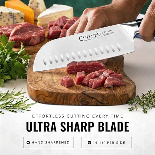 Image of Cutluxe Santoku Knife, 7 inch Meat & Vegetable Chopping Knife - Sheath Included