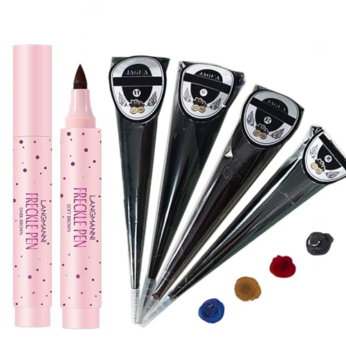 Freckle Pen and Temporary Tattoos Pencil Set, Henna Tattoos Kit- Light Brown Freckle Pen and 4Pcs Tattoo Sticks, DIY Body Art Painting for Women Men