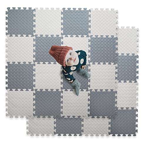 Image of Tamiplay 16 Tiles Foam Play Mat for Baby, Soft & Safe EVA Foam Mats for Floor, Square Baby Play Mat, Solid Colored Kids Foam Puzzle Floor Mat, 50x50 Play Mat for Playpen(Whit/Gray)