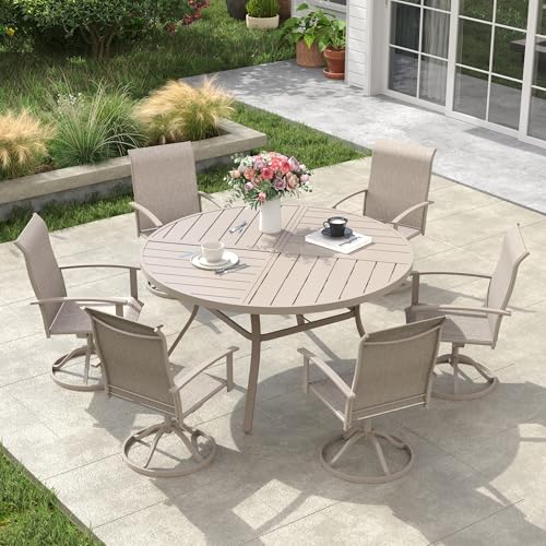 Image of VICLLAX 53 inch Round Outdoor Table, Patio Dining Table for 8 with Umbrella Hole for Garden Lawn Deck Backyard, Sandshell
