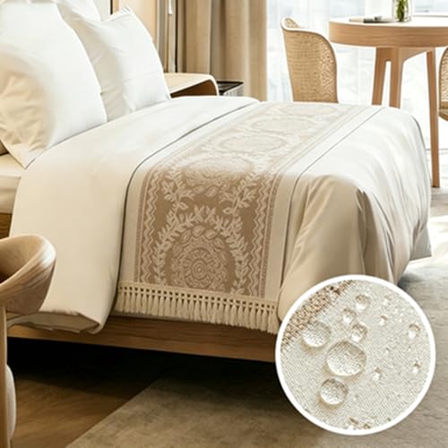 Chemin de lit imperméable 35x119 cm en polyester jacquard aspect lin avec pompons - 3
