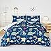 WINLIFE Kids Bedding Queen Comforter Set for Boys Teens Girls, Super-Soft Reversible Bed Set, Ocean Theme Printed Comforter, Easy Wash Bedding Quilt (3PCS, Navy Blue, Sharks/Dolphins/Fish)