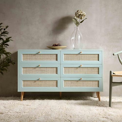 Image of Mid-Century Modern Chest of Drawer with Natural Rattan Panels, Solid Wood Legs, Spacious Storage Chest, Stylish Bedroom Dresser for Living Room, Entryway.