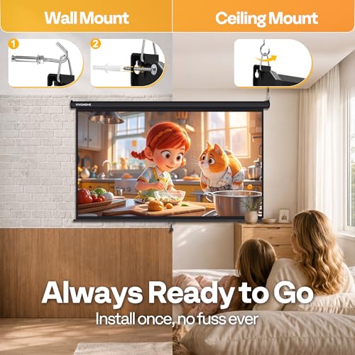 Image of VIVOHOME 80 Inch 16:9 Pull Down Projector Screen, Black | Manual Retractable 4K Projection Screen for Home Theater, Roll Up ALR Movie Screen for Ceiling and Wall Mount