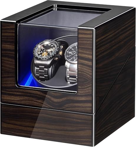 ANWBROAD Uhrenbeweger für Automatikuhren, Neue Ebenholzfarbene Klavierlack-Box für Automatikuhren, Drehbares Uhrengehäuse mit 4 Drehmodi, Leiser Motor, LED für Herren- und Damenuhren JWW001E