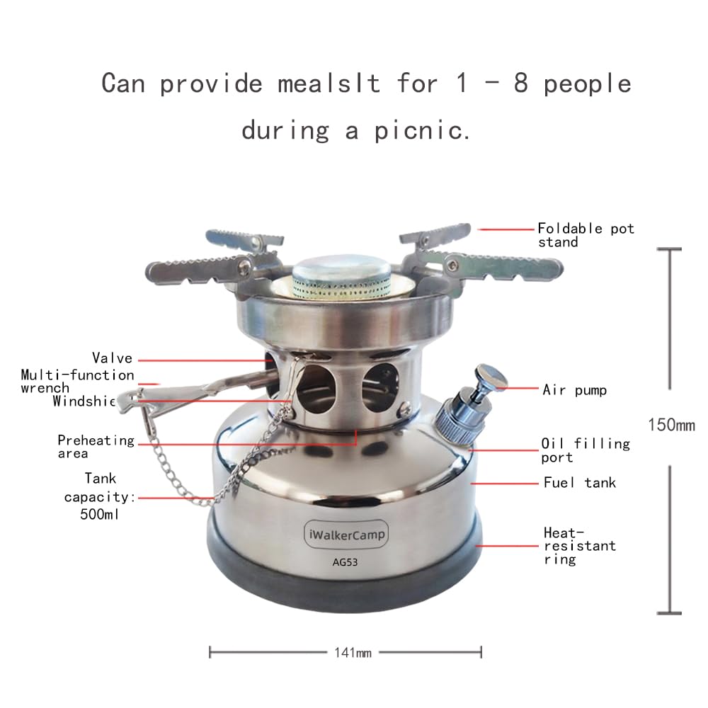 AG53 - Estufa de gasolina para exteriores, estufa de aceite de camping, mini estufa portátil integrada, adecuada para senderismo, viajes en motocicleta, mochileros, acero inoxidable de