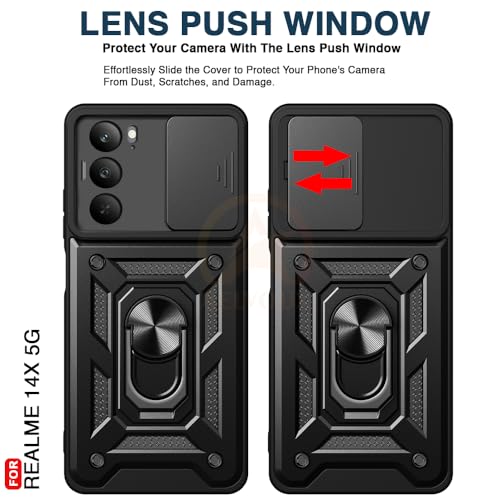 Image of Armor Bumper Back Cover Case for Realme 14X 5G Rotating Camera Cover, Ring Holder & Kickstand | Heavy Duty & 360 Degree Protection Realme 14X 5G Back Cover (Black)