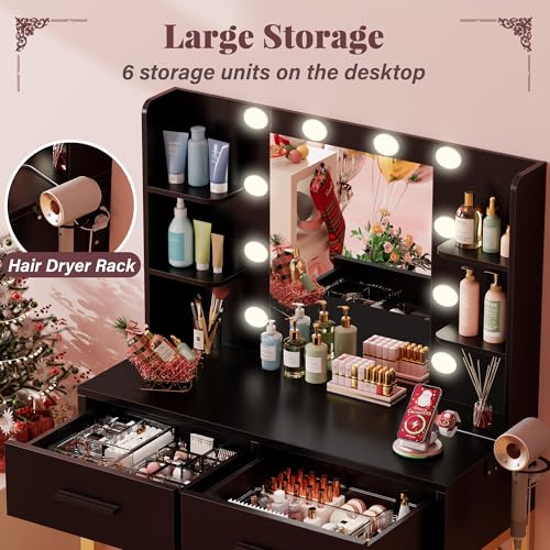 Image of Furmax Vanity Desk with Mirror and Light Bulb, Small Makeup Vanity Table with Drawers, Dressing Table with Power Outlet and Hair Dryer Holder for Bedroom (Black & Gold)