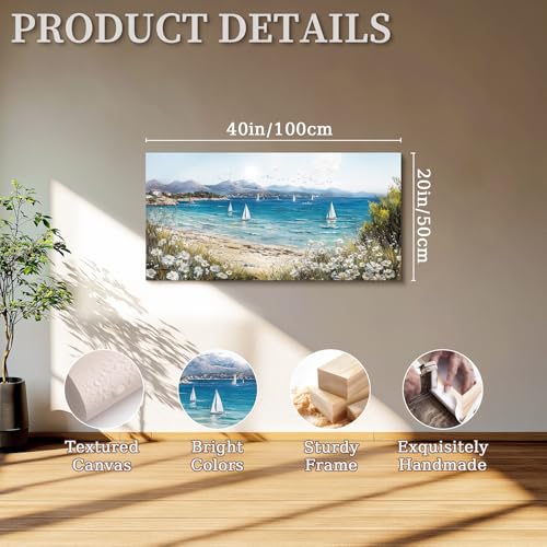 SERIMINO Coastal Landscape Large Wall Art, Beach Daisy Canvas Art Prints, Bay Sailboat Artwork for Walls, Nature Ocean Scenery Paintings Wall Decor Living Room Bedroom, Rustic Home Decor 20"X40"