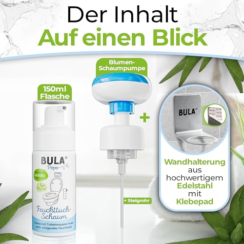 BULA® Popo Home Bundle | Feuchttuch-Schaum 150ml Flasche + Blumen-Schaumpumpe inkl. Edelstahl Halter | Popo Schaum als nachhaltige Alternative für (Baby u. Toiletten-) Feuchttücher | BULA Starterset 2