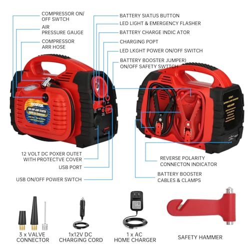 Jump Starter, acetek 1000Amp 12V Lead-Acid Battery Jump Starter with 260 PSI Air Compressor, Jump Box for Up to 5.0L Gas & 5.0L Diesel Engines, Portable Power Station with LED Light
