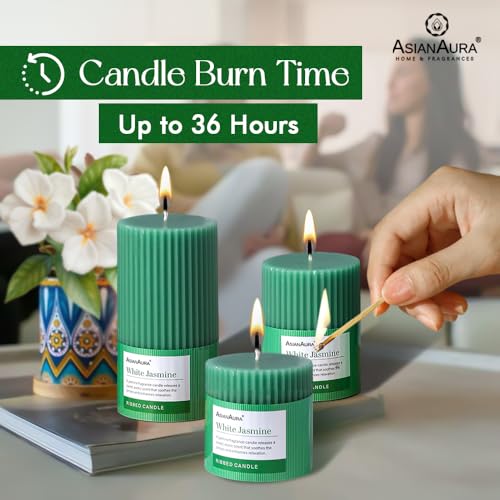 Image of ASIAN AURA Ribbed Pillar Candles - Pack of 3 | Scented Candles for Home Decor, Gifting & Festive Use | Long Burn time up to 36hrs | Clean-Burning Wax & Smokeless Flame (White Jasmine)