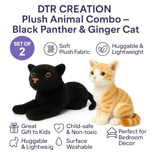Image of Cute Panther & Cat Plush Toy Combo - 30 cm Soft Stuffed Animals for Kids | Super Soft & Huggable for Boys & Girls (Pack of 2)