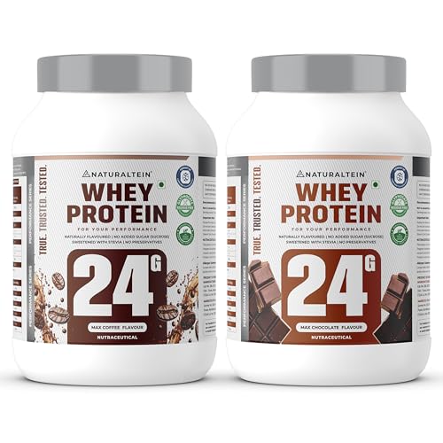 Image of Naturaltein Whey Protein 1kg Chocolate + Whey Protein 1kg Coffee | 24g Protein, No Added Sugar, Stevia Sweetened, Muscle Growth & Recovery Protein Combo
