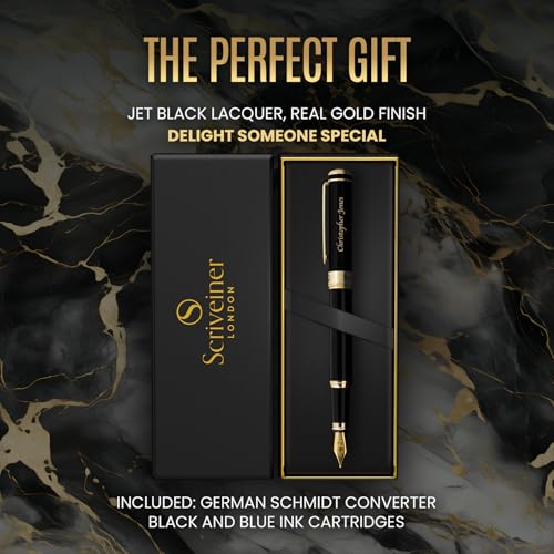 Image of Scriveiner Personalized Black Fountain Pen - Stunning Luxury Pen, Jet Black Lacquer, Real Gold Plating, German Schmidt Nib (Medium), Best Engraved Gift Set for Men & Women, Name Engraving