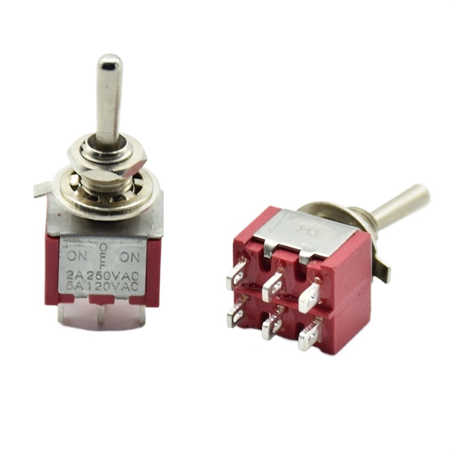 JNURGWLYH 5Pcs Red Toggle Switch Mini MTS-203 ON/Off/ON DPDT Latching 2A 250VAC / 5A 120VAC 6 Pins with Solder Terminal Waterproof