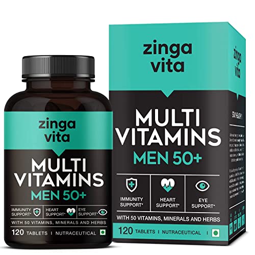 Zingavita Multivitamin for Men 50 Plus Age – 120 Tablets | With 50 Vitamins, Minerals, Herbal Extracts, L-Arginine, Ginseng & Super Antioxidants Blend for Enhanced Energy, Heart, Immunity, Joints & Eye Support | 1 Veg Tablet Daily