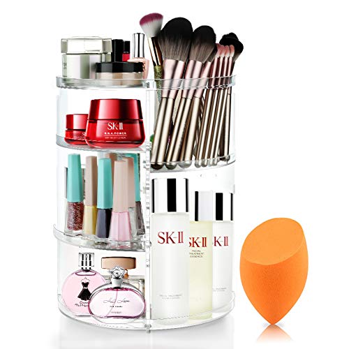 MOKARO 360 Degree Rotating Makeup Organizer for Mothers Day Gifts Extra Large Capacity Adjustable Multifunctional Cosmetic Storage Box for Skin Care Products Makeup Sponges (Clear)