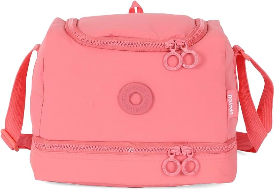 Lancheira Térmica Infantil Feminina 23x19x17cm com 2 Compartimentos, Alça de Mão e Transversal, Interior PVC, Resistente à Água, Poliéster, Bolsa Térmica para Escola e Passeios (salmão)