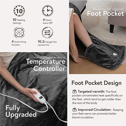 Image of Wapaneus Foot Pocket Heated Blanket Electric Throw with 10 Heating Levels and Auto Shut Off, Flannel Fast-Heating Heated Throw 50 inch x 60 inch, Machine Washable, Dark Grey