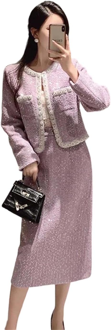 Women Two Piece Set Beaded Jacket Long Skirt Casual Outfit