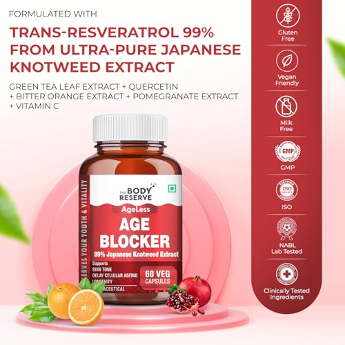 Image of The Body Reserve Age Blocker - Trans-Resveratrol 99% Japanese Knotweed Extract | Quercetin, Green Tea, Bitter Orange & Pomegranate | Powerful Antioxidant & Anti-Aging Supplement 60 Veg Capsules