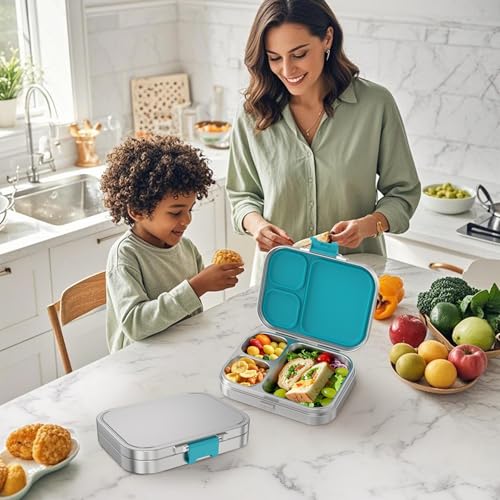 LOHASOK Stainless Steel Bento Lunch Box, 3-Compartment Food Container Large 800ML Metal Bento Box for Kids or Adults with Lockable Clips to Leak Proof Blue by LOHASOK - Image 6
