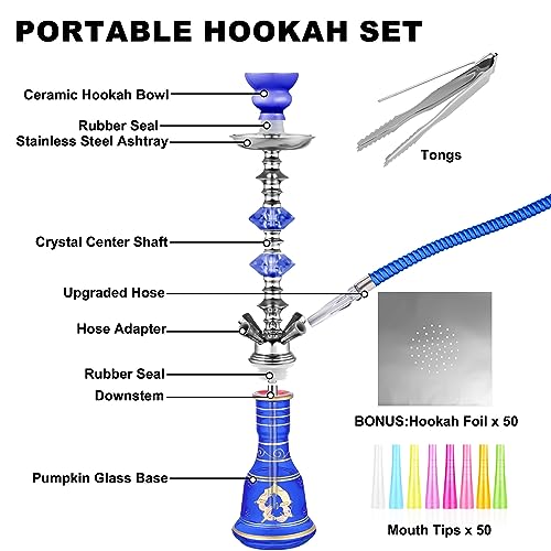 Hookah Set 4 Hose 21'' Shisha Hookah Set With Everything - Glass Shisha Vase, 50 Disposable Hookah Tips, 50 Hookah Foil (Blue) #TOP2