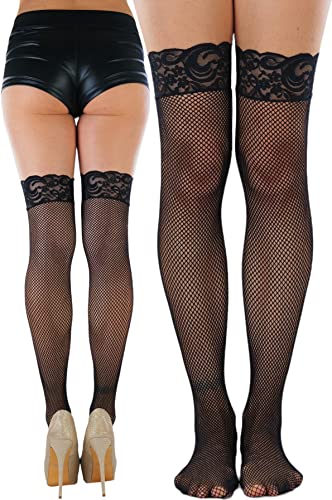Image of ToBeInStyle Women's Wide Floral Lace Fishnet Thigh Hi Stockings