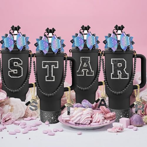 Hpebl 9PCS Black for Stanley Cup Accessories Set Bling Initials Bow Charms for Stanley Decorations 30/40 Oz Tumbler Accessories Including Bow Straw Topper, Handle Strap, Spill Stopper（Letter E） - image 7