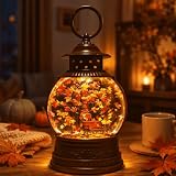 Fall Snow Globe Lantern with Swirling Maple Leaves, 9.45 Inch Autumn Water Lantern with 6 Hours Timer, USB & Battery Powered Thanksgiving Tabletop Home Decor
