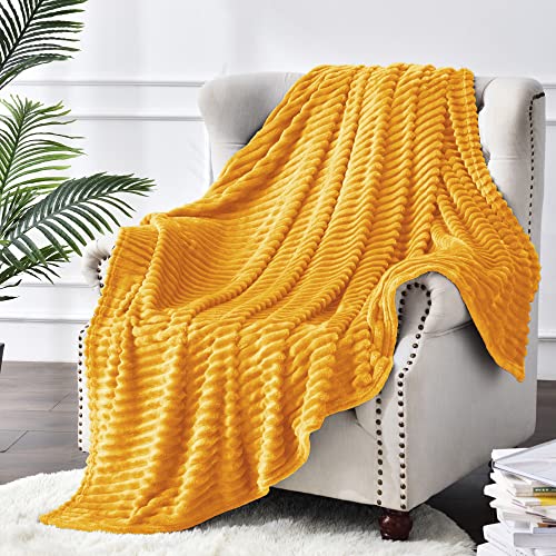 Image of BEDELITE Fleece Throw Blanket for Couch - 3D Ribbed Jacquard Soft and Warm Decorative Fuzzy Blanket - Cozy, Fluffy, Plush Lightweight Mustard Yellow Throw Blankets for Bed, Sofa, 50x70 inches