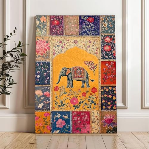Image of PAINTINGMANTRA Elephant Vastu Madhubani Canvas Wall Painting for Living Room | Ethnic Indian Elephant Wall Art for Home Decor | Office Size :41x56 cm Gallary Wraped
