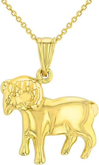 High Polish 14k Yellow Gold 3D Aries Zodiac Sign Ram Animal Pendant With Cable, Curb or Figaro Chain Necklace